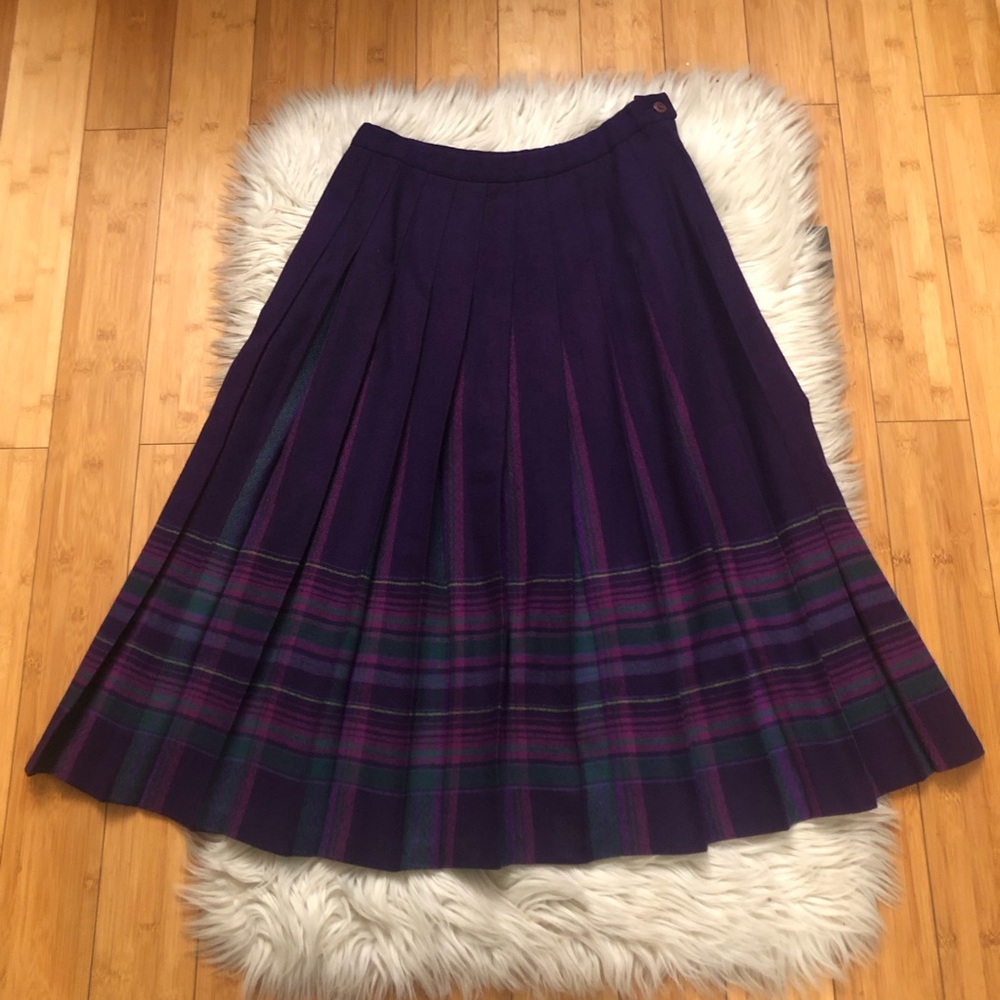 Vintage Pendleton Virgin Wool Purple Pleated Stripe Tartan Hem Midi Skirt 12